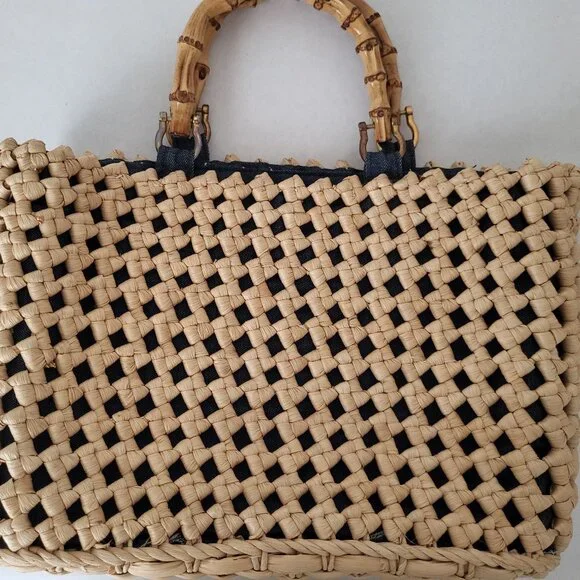 Vintage Raffia Woven Handbag Denim Lining Bamboo Handles - Picture 2 of 10
